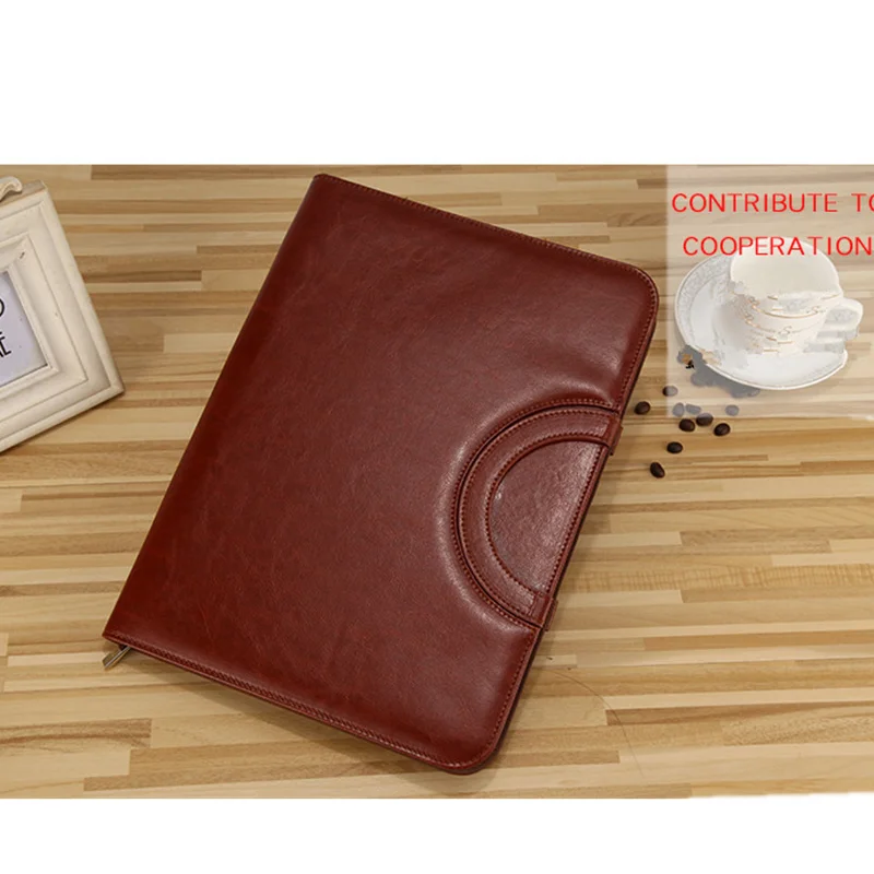 Папка для документов формата А4 из искусственной кожи на молнии с кольцом, сумка для конференций, деловой портфель, Офисная школьная сумка, калькулятор записная книжка - Цвет: brown
