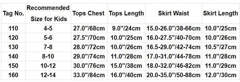 Dance Costume Size Chart