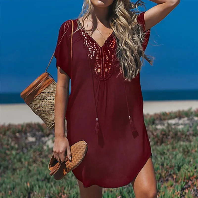 

2019 Women Lace Stitching Mini Dress Deep V-neck Summer Fashion Beach Dress Casual Robe Grande Taille Femm Zomer Jurk A28#