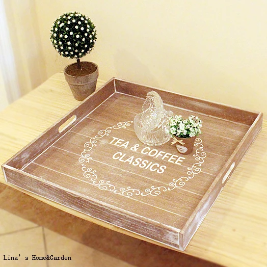 classic tea coffee hand crafted shabby large wooden square tray with cutout handle