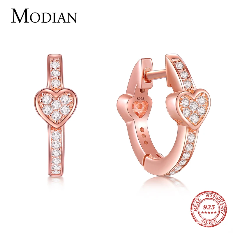

Modian 925 Sterling Silver Fashion Rose Gold Color Love Hearts Crystal Simple Hoop Earrings For Women Classic Silver Jewelry