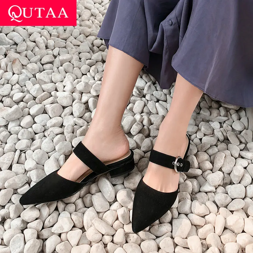 

QUTAA 2019 Women Shoes Kid Suede Buckle Square Low Heel Fashion Pointed Toe Slip on Comfortable Ladies Slippers Summer Size34-39