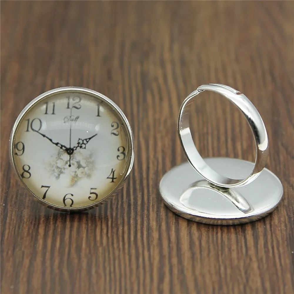 

20mm Vintage Clock Dial Glass Cabochon 2 Colors Antique Bronze & Shiny Silver Color Handmade Adjustable Rings