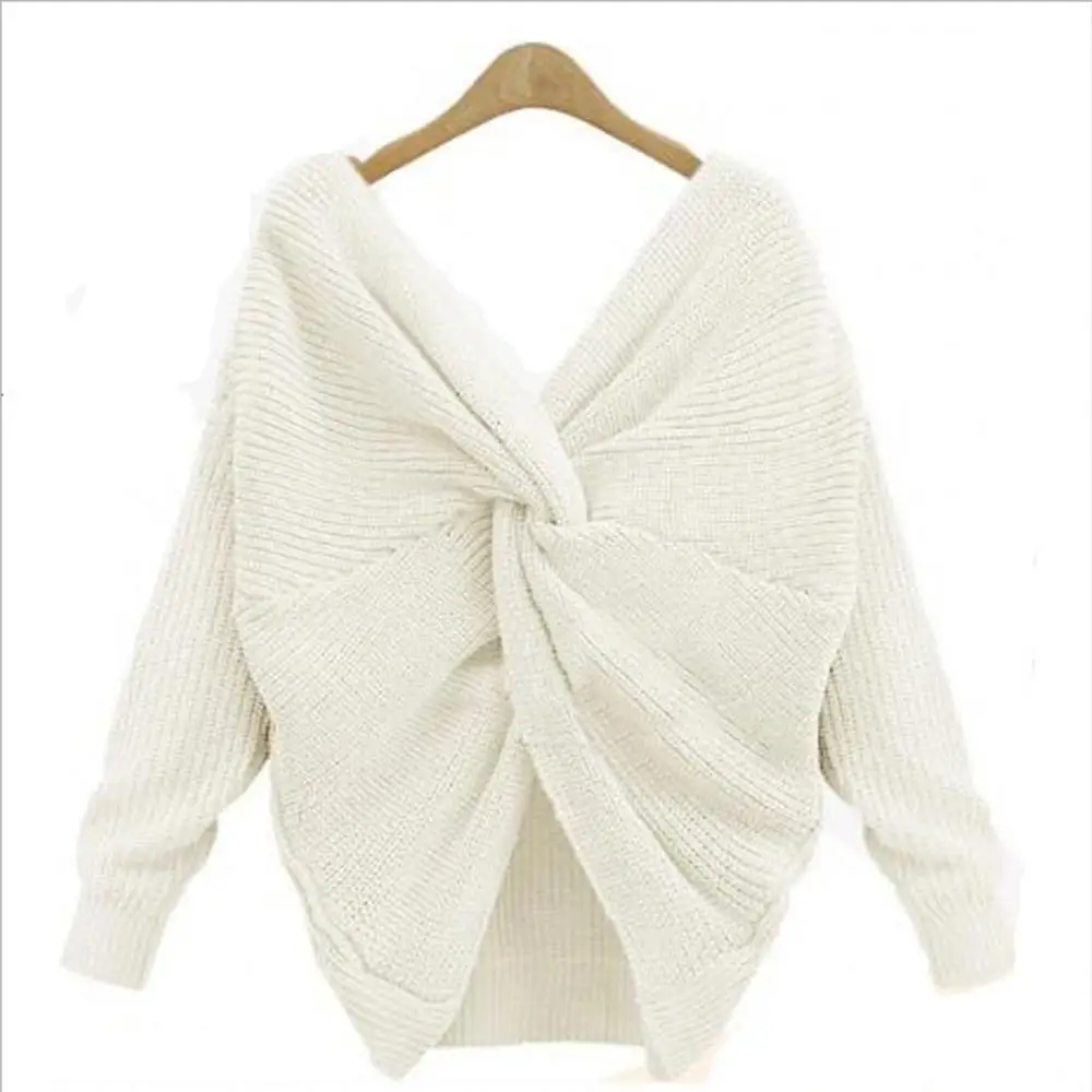 

Fashion Solid Color Back Cross Backless V-neck Women's Knit Long-sleeved Sweater Spring And Autumn Street Shoot