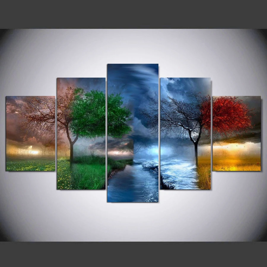 Dinding Art Modular Gambar Ruang Tamu Dekorasi 5 Buah 4 Musim Pohon Abstrak Lukisan Pemandangan Cetakan Poster Kerangka Modular Pictures Painting Landscapeprint Poster Aliexpress
