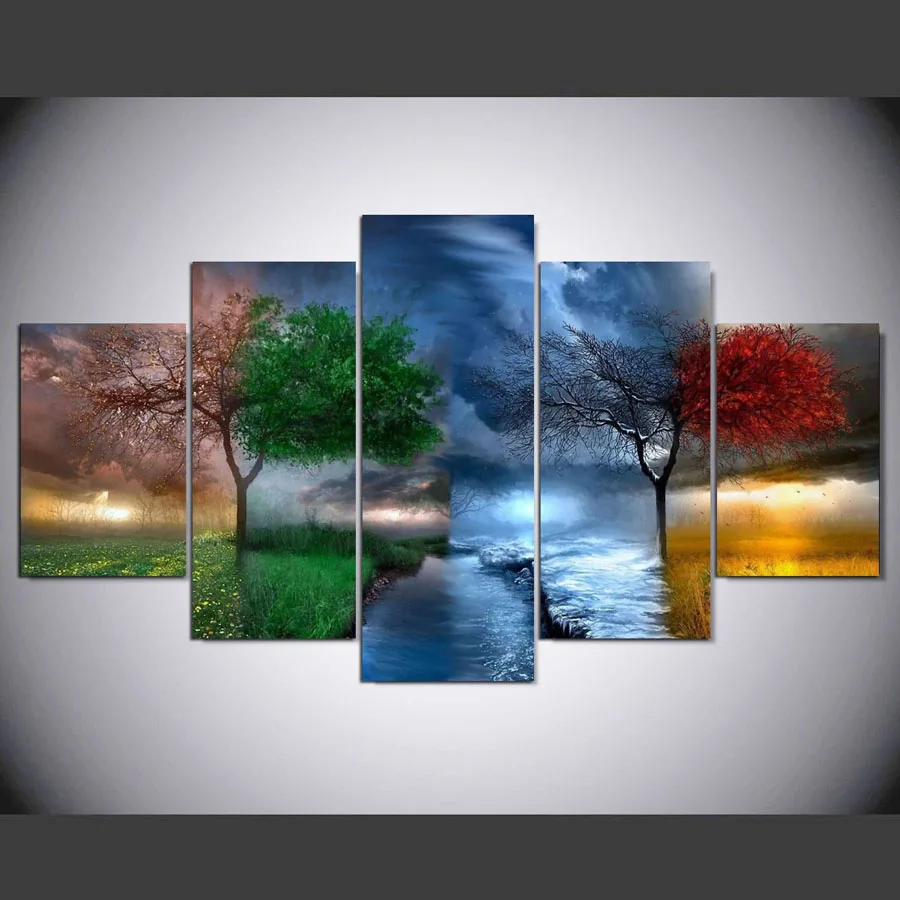 

Wall Art Canvas Modular Pictures Living Room Decor 5 Pieces 4 Season Trees Abstract Paintings Landscape Prints Posters Framework