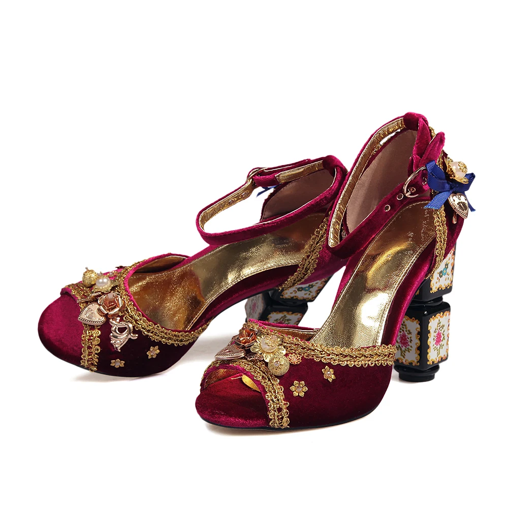 

Eunice Choo Red/Pink/Black Vevet Women Sandals Luxury Bead Flowers Chunky Heels Summer Leather Shoes Buckle Strap Women Sandals