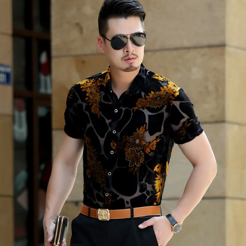 

Silk Big Flower Shirt Transparent Shirt For Men Sexy Lace See Through Male Shirt Chemise Homme Desinger Fancy Proms Silk Shirt