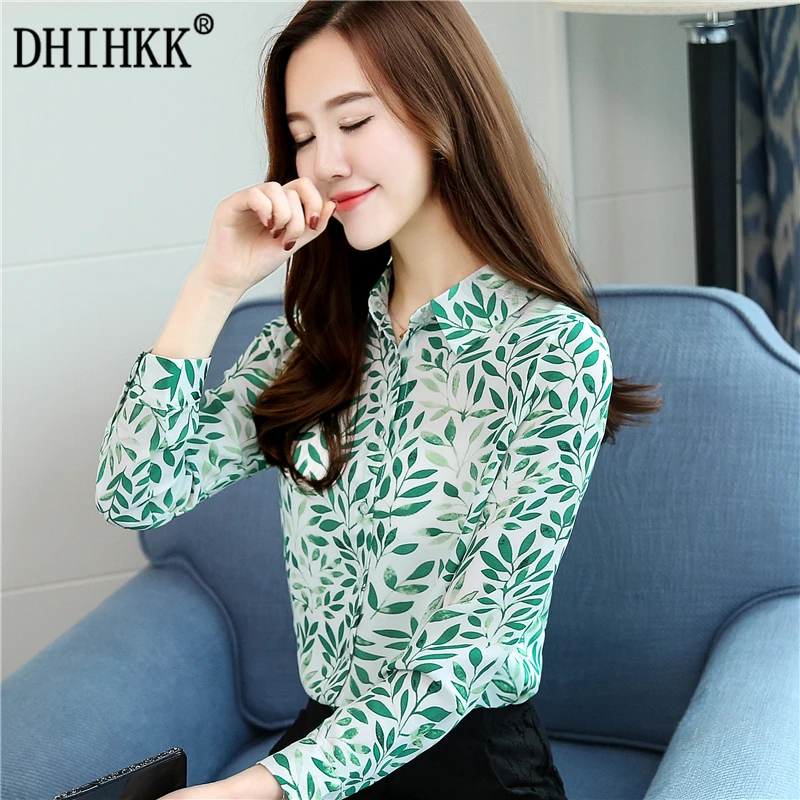 Achat DHIHKK Automne Femmes Blouse Shirts 2017 Nouveautés Mode À Manches Longues Imprimé floral Vert Élégant Lady Blouse Blusas Tops