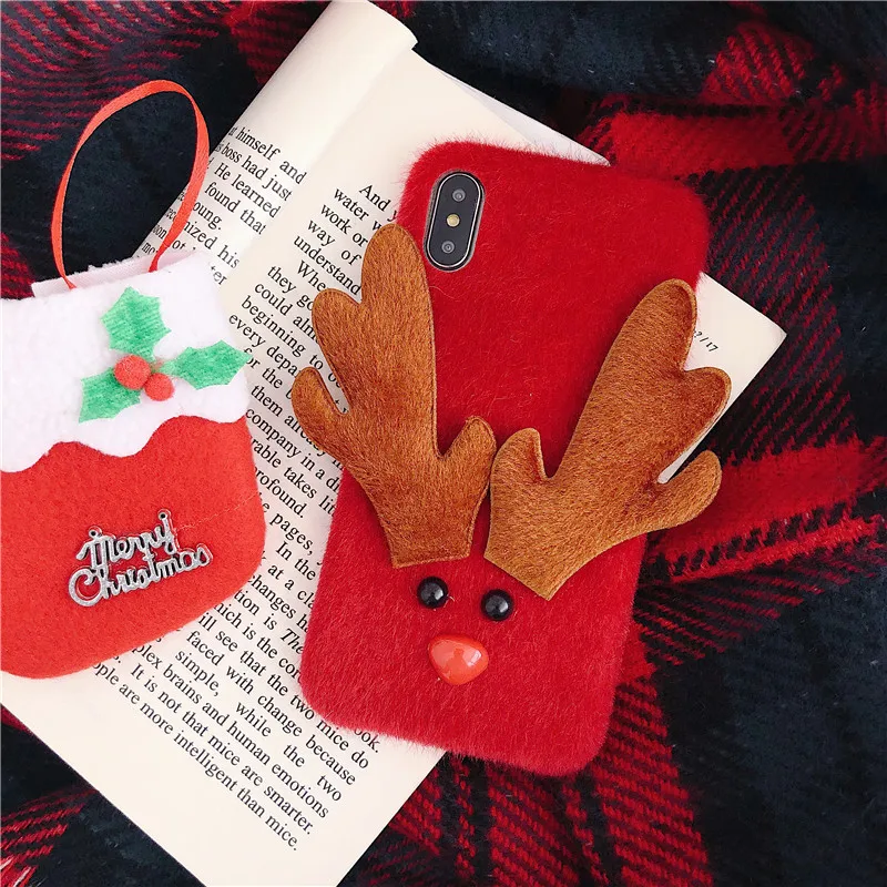 Aoweziic Christmas three-dimensional elk antler for iphone xs max  phone case 6s 7plus red plush velvet anti-fall  soft shell 8 