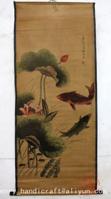 

Antique QingDynasty Hand-painted Chinese calligraphy painting--Lotus & fish, decoration murals, crafts /collection & adornment