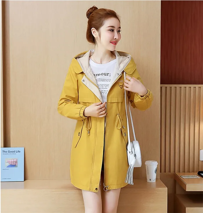yellow Модный Тренч с капюшоном, пальто для студентов, повседневные топы, большие размеры, свободные теплые пальто, женские ветровки с длинными рукавами, A2668 - Цвет: yellow