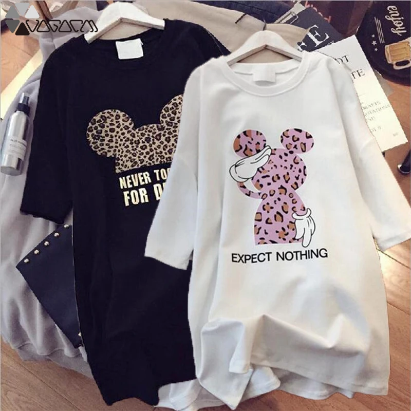 

Women Summer Leopard Print Dress Fashion Minnie Mickey Mouse Cartoon Casual Loose Short Sleeve Black White Plus Size Mini Dresse