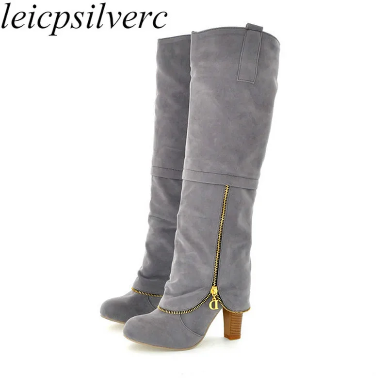

Women's Boots Knee High Shoes Spring Autumn Flock Zipper High Heel Motorcycle Martin Boots 2018 New Sexy Fashion Black Red Gray