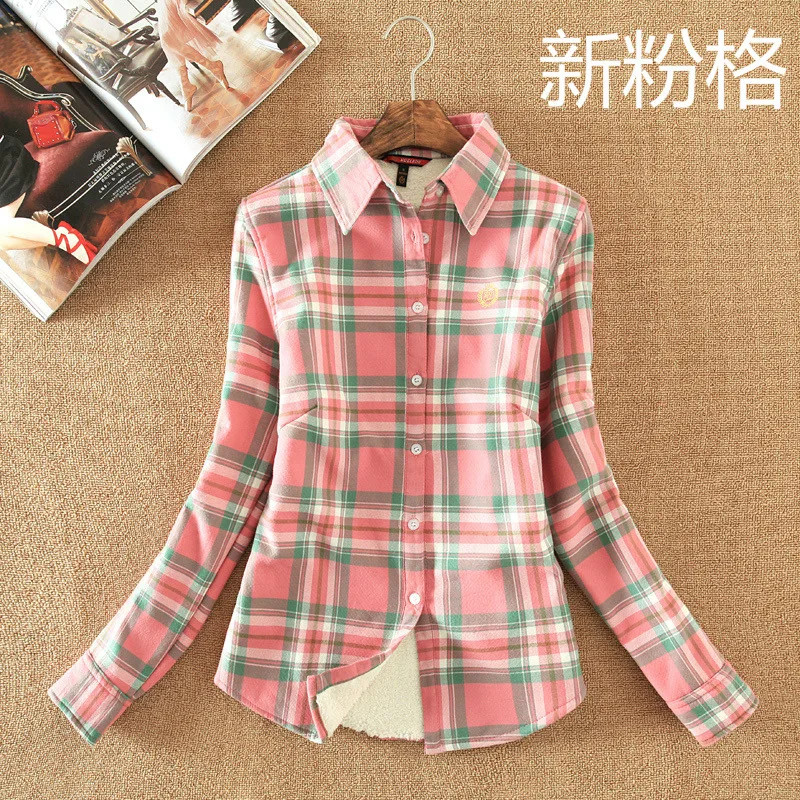 Women's Shirt Autumn Winter Top Ladies Female Casual Cotton Lapel Long-Sleeve Thick Plaid Shirt Women Slim Outerwear Blouse Tops