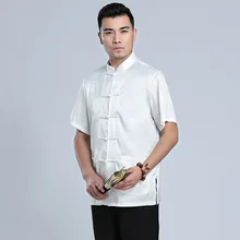 Китайский Tradtional летние топы Для мужчин смесового шелка Короткие рукава рубашки Размеры M-3XL