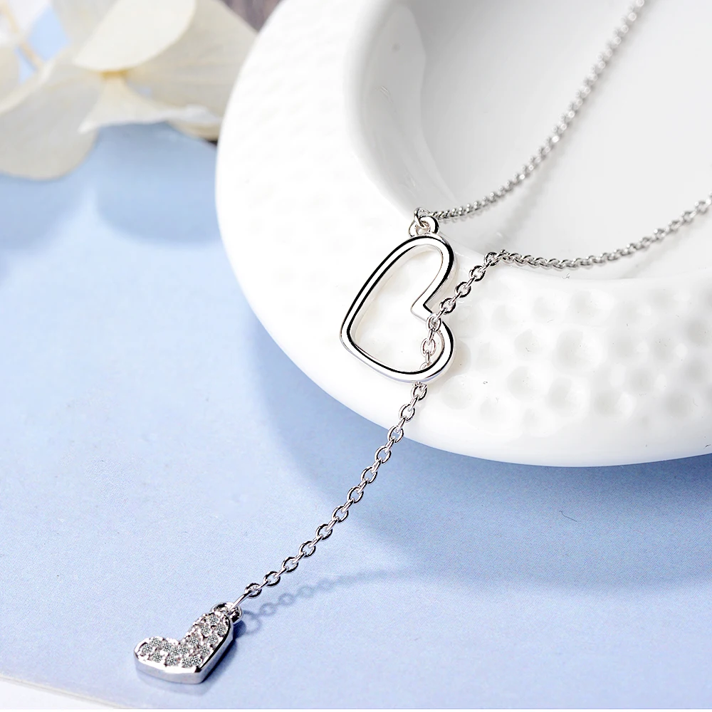 Anenjery Zircon Double Love Heart Adjustable Short Sweater Chain Necklace For Women 925 Sterling Silver Necklace S-N323