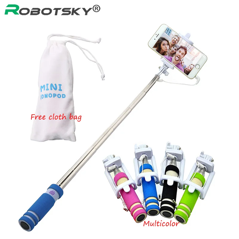 Mini Selfie Stick With Button Wired Sponge Handle Monopod Universal For iPhone 6 5 Android Samsung Huawei Xiaomi with Cloth Bag