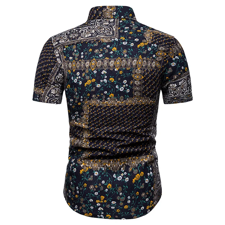 2019 летняя Мужская льняная рубашка с коротким рукавом с цветочным принтом рубашка с лацканами повседневные рубашки Гавайи европейский