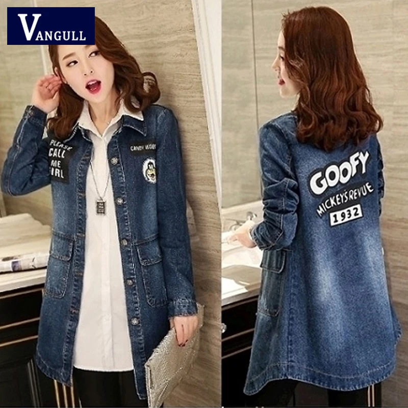 Vangull Women Denim Jackets Autumn New Casual Long Sleeve Female Letter Print Jean Coat Single Breasted Plus Size Loose Tops