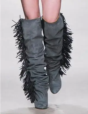 

Women Knee High Suede Fringe Boots Black/White/Gray Wedged Tall Boots Fashion Winter Long Women Motorcycle Tassel Boots