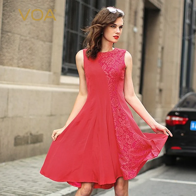 VOA 2017 Zomer Rood Zwart Plus Size Office Lady Zware Zijden Jurk Mouwloze Effen Korte Vrouwen Kant Slanke Midi Jurk a0322 VOA 2017 Zomer Rood Zwart Plus Size Office Lady Zware Zijden Jurk Mouwloze Effen Korte Vrouwen Kant Slanke Midi Jurk a0322