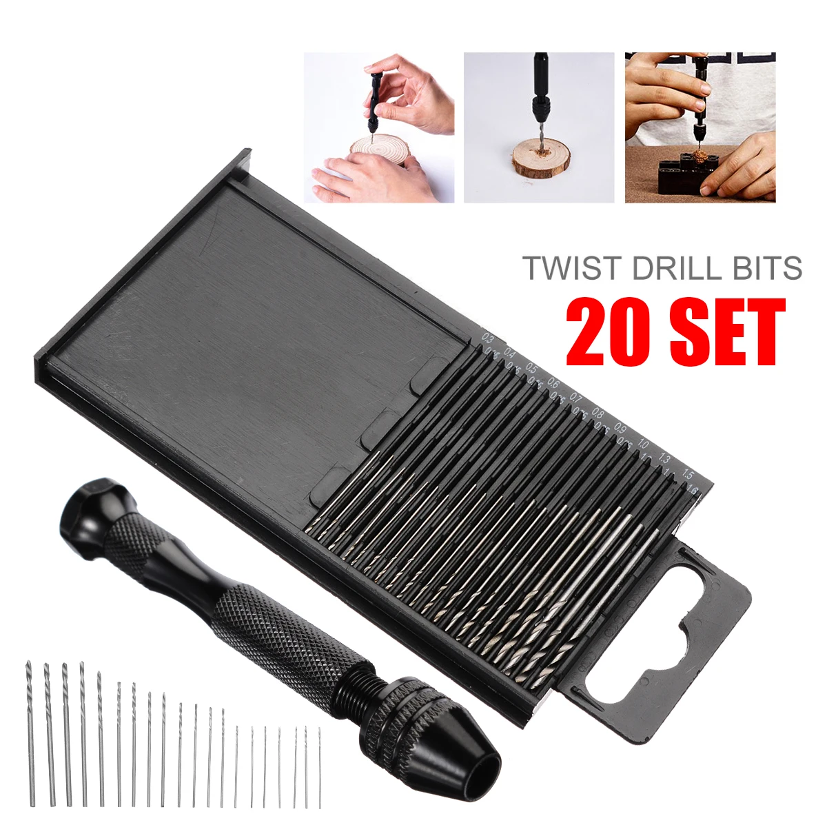 20 Set 0.3-1.6mm Titanium Coated HSS Drill Bits Spiral Vise Keyless Chuck Micro Hand Twist Drill Woodworking Rotary Tools