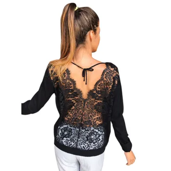 

Chiffon Blouse 2019 Women Backless O-Neck Lace Long Sleeve Sweatshirt Pullover Tops Blouse Shirt Blusas Chemise Femme