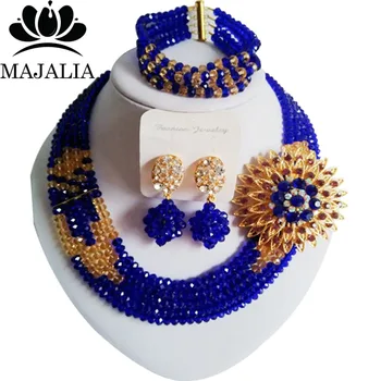 

Trendy Nigeria Wedding Royal Blue african beads jewelry set crystal necklace bracelet earrings Free shipping Majalia-002