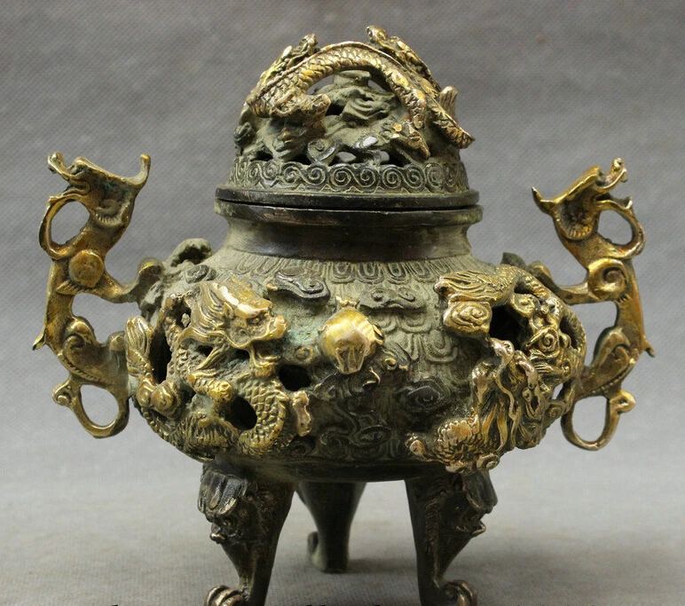

Buddhism Chinese Bronze Copper Gilt Dragon Head Statue Incense Burner Censer
