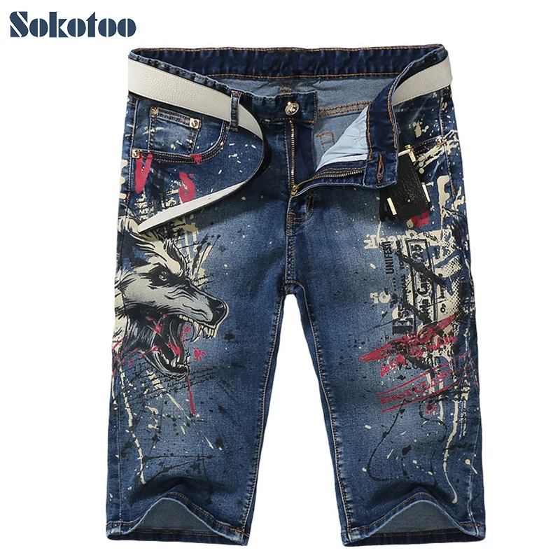 

Sokotoo Men's fashion slim wolf print jeans Male casual knee length stretch denim shorts