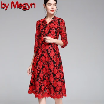 

by Megyn 2019 women elegant embroidery three quarter sleeve plus size 4XL red floral lace lady dress high quanlity red flower