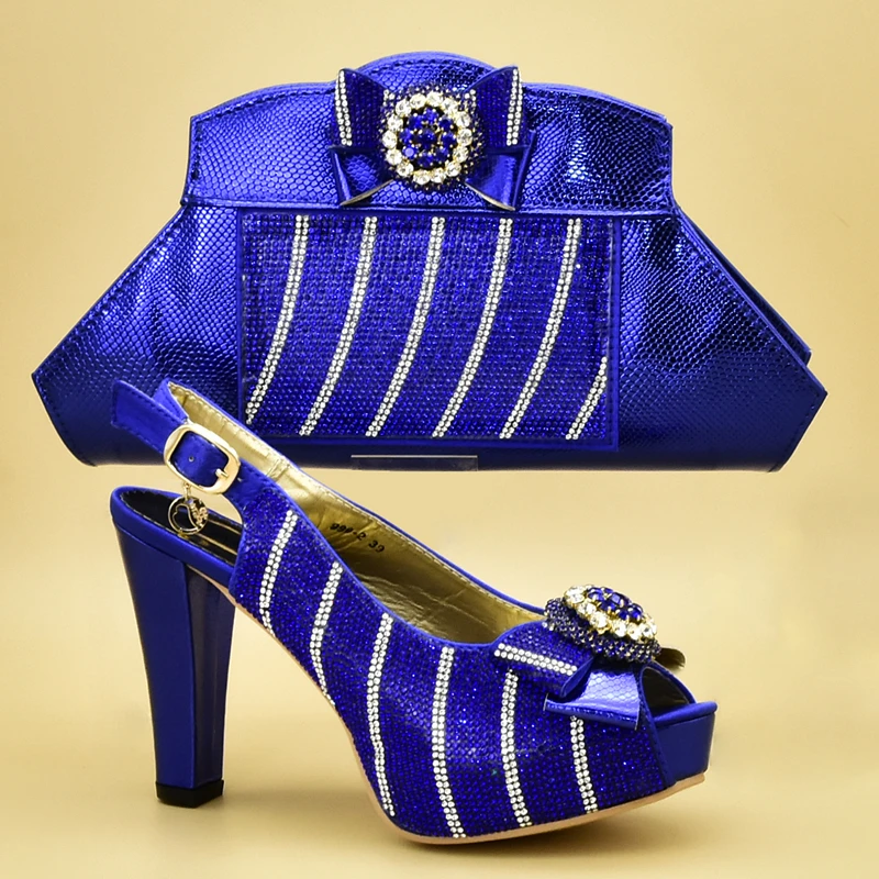 

New Arrival Rhinestone Wedding Shoes with Bag Set African Shoes and Bags Matching Set High Quality Italian Women Party Pumps
