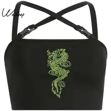Weekeep-Camiseta sin mangas Bordado de dragón con hebilla negra para mujer, ropa de calle corta Camisetas sexis sin mangas, Bralette, Top corto de verano 2019