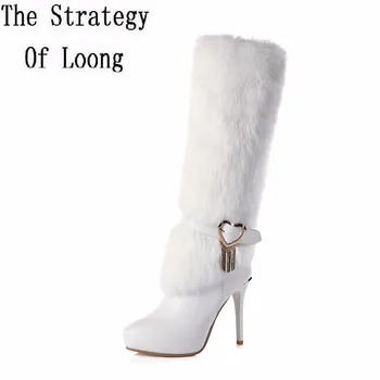 

Winter Short Plush Genuine Leather Buckle Strap Thin Heels Boots Leather With Fur Pointed Toe Zip Women Knee High Boots ZY170831