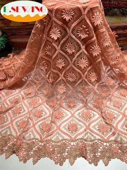 

Peach color african lace fabric 2019 high quality lace french mesh fabric beaded stones nigerian swiss lace fabrics for dress