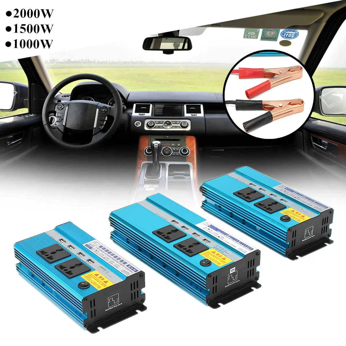 

Power Inverter 2000W Auto Modified Sine Wave DC 12V To AC 220V Fast Charging Interface Converter Fuse Cooling Fan Protect