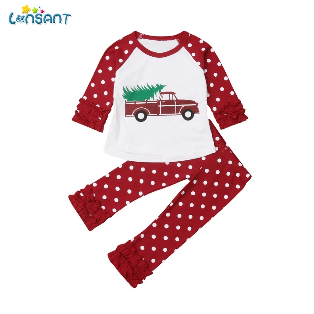 

LONSANT Christmas Newborn Clothing Set Kids Baby Girls Cartoon Car Print T-Shirt Tops Ruffles Polka Dot Pants Xmas Outfits Sets