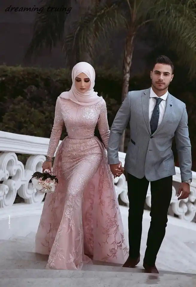 Muslim Style Mermaid Pink Wedding Dresses With Hijab Saudi Arabic