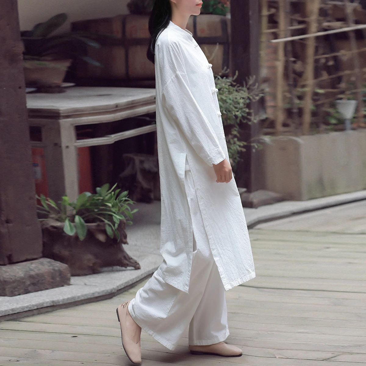 2019 Johnature Blanc Solide Long Manteaux Trench Coton Printemps Femmes Chinois Lâche Nouveau marine Bleu Style Lin Couleur Vintage coats Stand FrWr84Cc