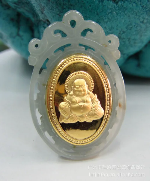 [ 1 ] from the grant of natural jadeite jade A cargo thousands gold Inlaid Jade Buddha Pendant |
