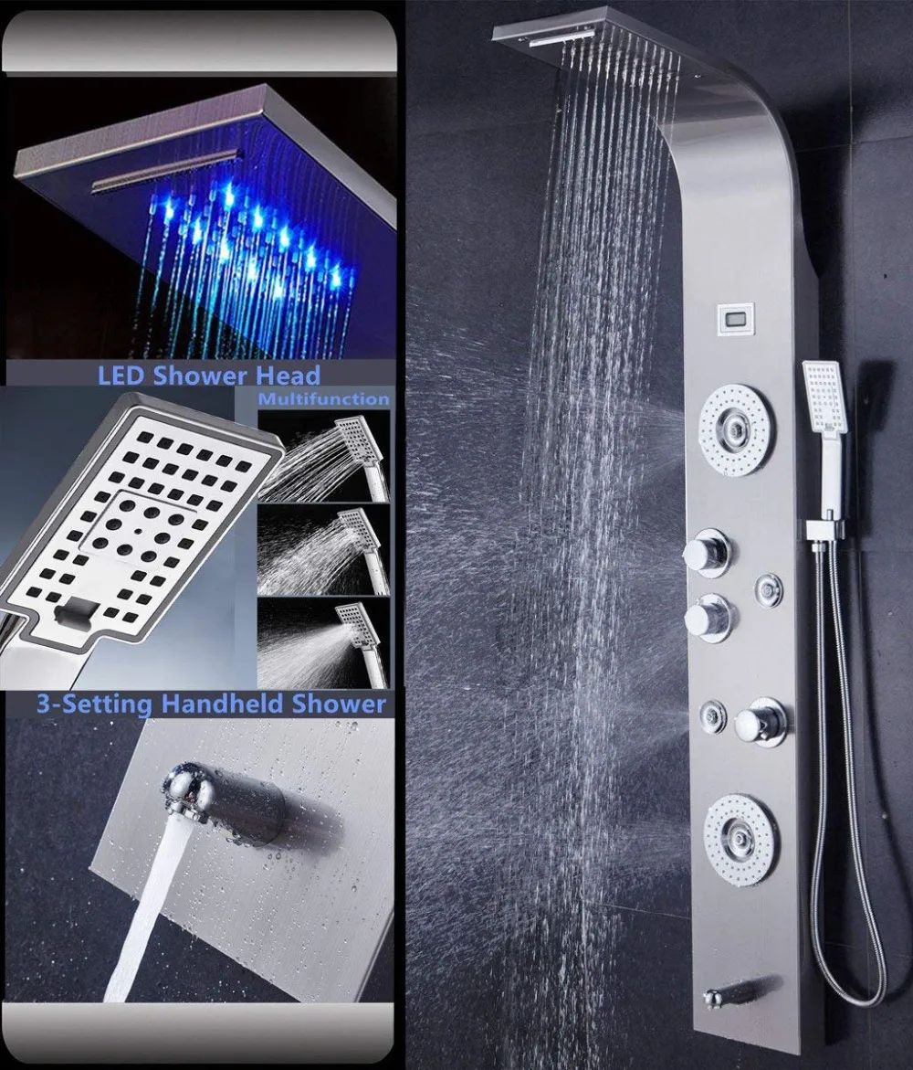 

6 Functions Nickel Brushed Waterfall Shower Panel Wall Mounted Bathroom Shower Faucet Shower Panel Column With Hand Sprayer LED