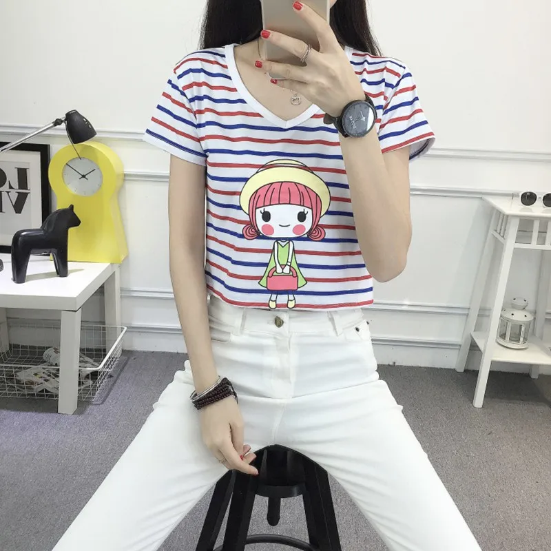 

22 Kinds Different Patterns Summer High Waist Girl Exposed Umbilical Women Short Sleeve Stripe T-shirt Lady O Neck Casual Shirt