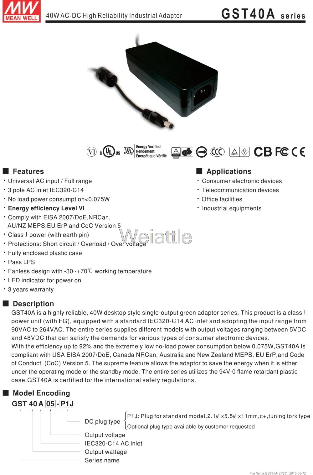 Средний проверенный GST40A09-P1J 9 V 4.45A meanwell GST40A 9 V 41 W Industrial Высокая надежность промышленный адаптер