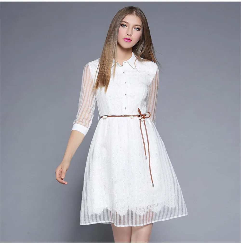 Fashion White Sweet Dress 2017 Summer&Autumn High Quality Chiffon Half Sleeve Casual Party Dress Hollow out Sashes Pearl Vestido (13)