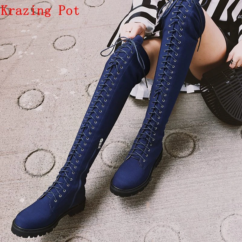 

Krazing Pot denim round toe thick heels British school cross-tied rock European designer western cowboy over-the-knee boots L66