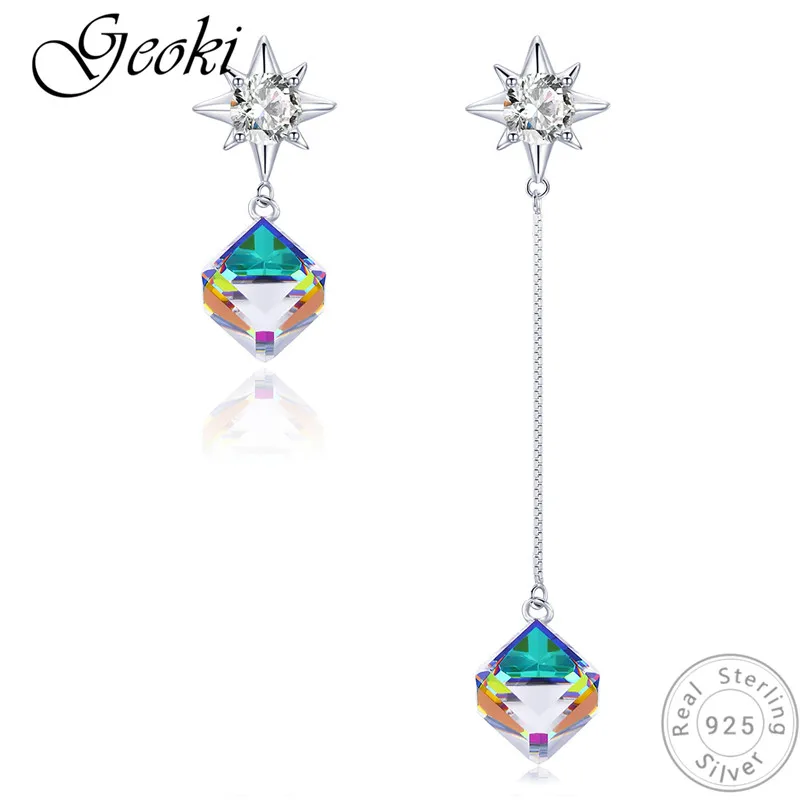 

Geoki 925 Sterling Silver Colored Square Cubic Zirconia Fairy Animal Earrings S925 Original Long Earrings Women Luxury Jewelry