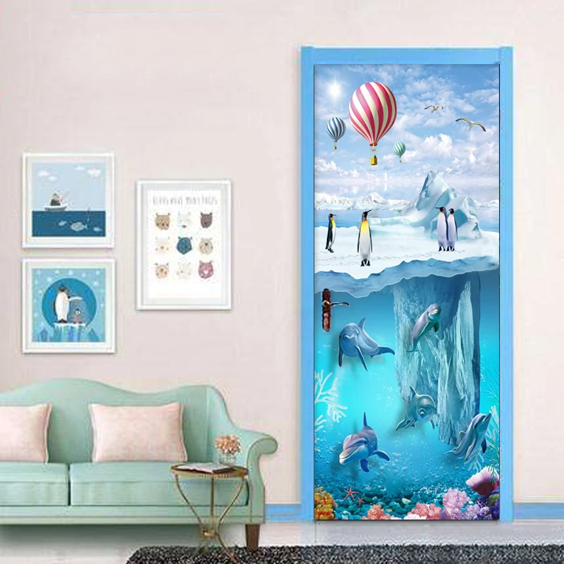 Door Sticker 3D Cartoon Iceberg Penguin Dolphins Wallpaper Kids Bedroom PVC Waterproof Door Decals Vinyl Mural Home Decor Paste