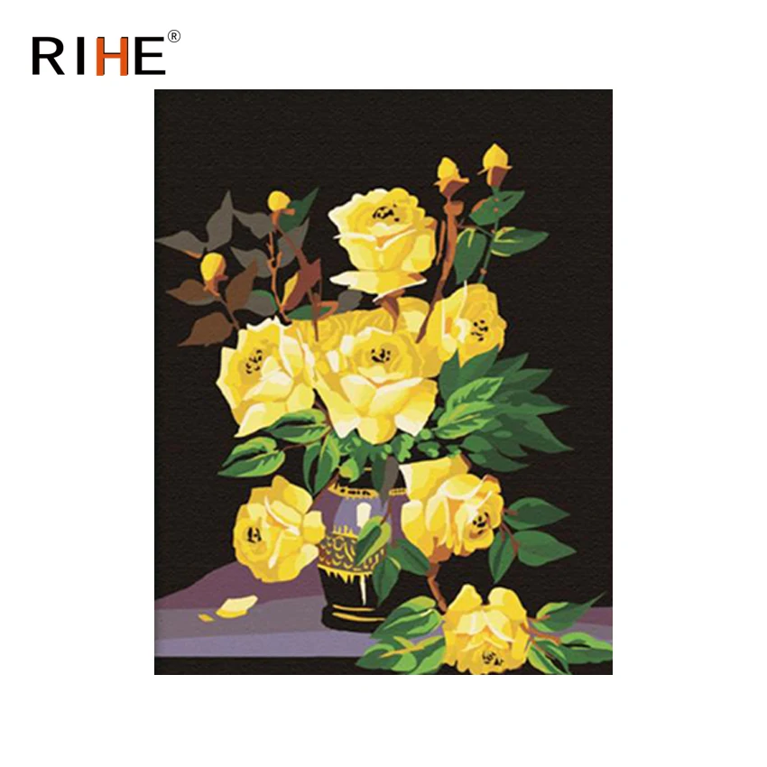 

RIHE Yellow Rose Diy Painting By Numbers Flower Vase Oil Painting Cuadros Decoracion Acrylic Paint On Canvas Modern Wall Art