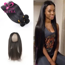 8A Brazilian Virgin Hair With 360 Frontal Closure 2pcs Straight Brazilian Hair Weave Bundles With 360 Lace Frontal Band Closure